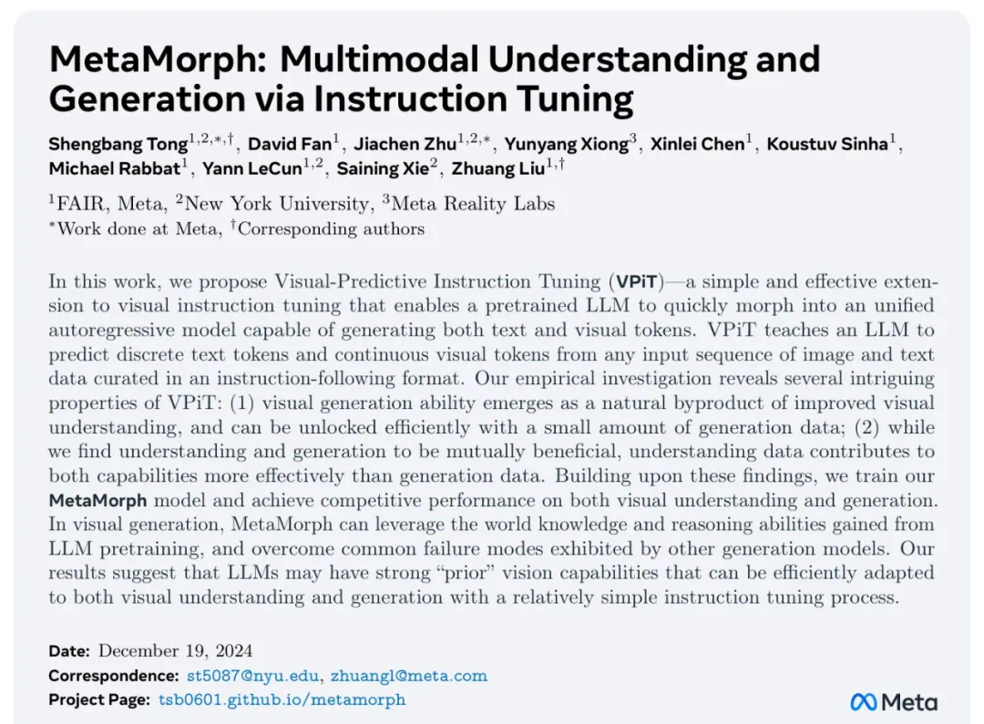 统一视觉理解与生成，MetaMorph模型问世，LeCun、谢赛宁、刘壮等参与