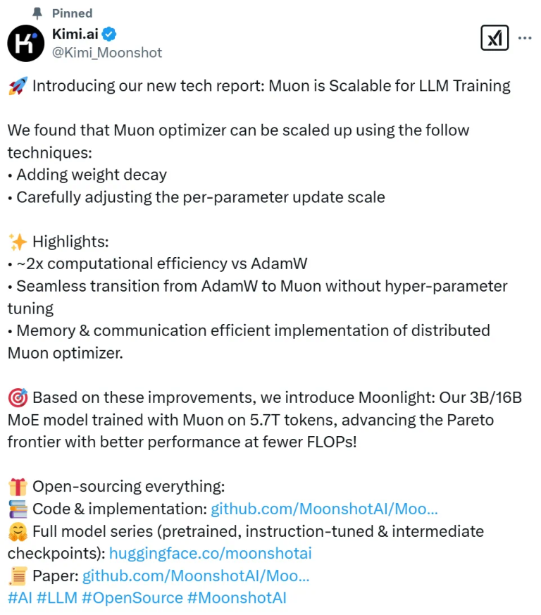 开源赛道太挤了！月之暗面开源新版Muon优化器