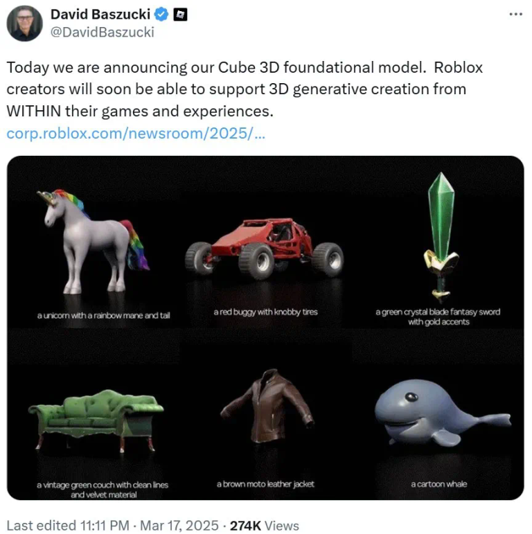 Roblox发布3D智能基础模型Cube，一句话生成游戏资产