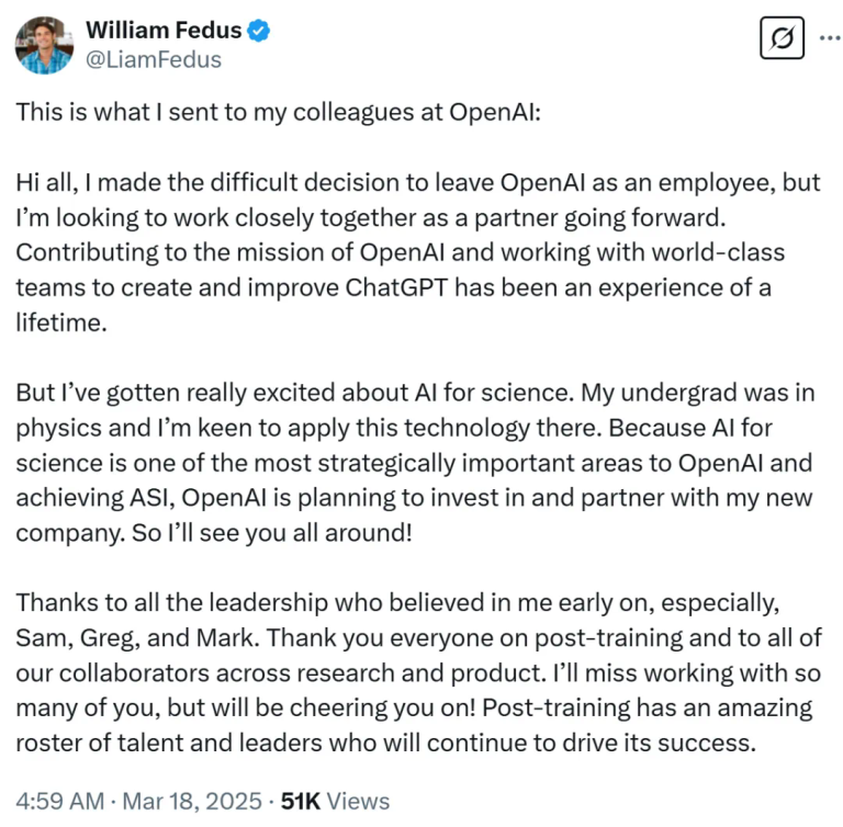 ChatGPT创始成员、后训练负责人官宣离职！自立门户并将获OpenAI投资