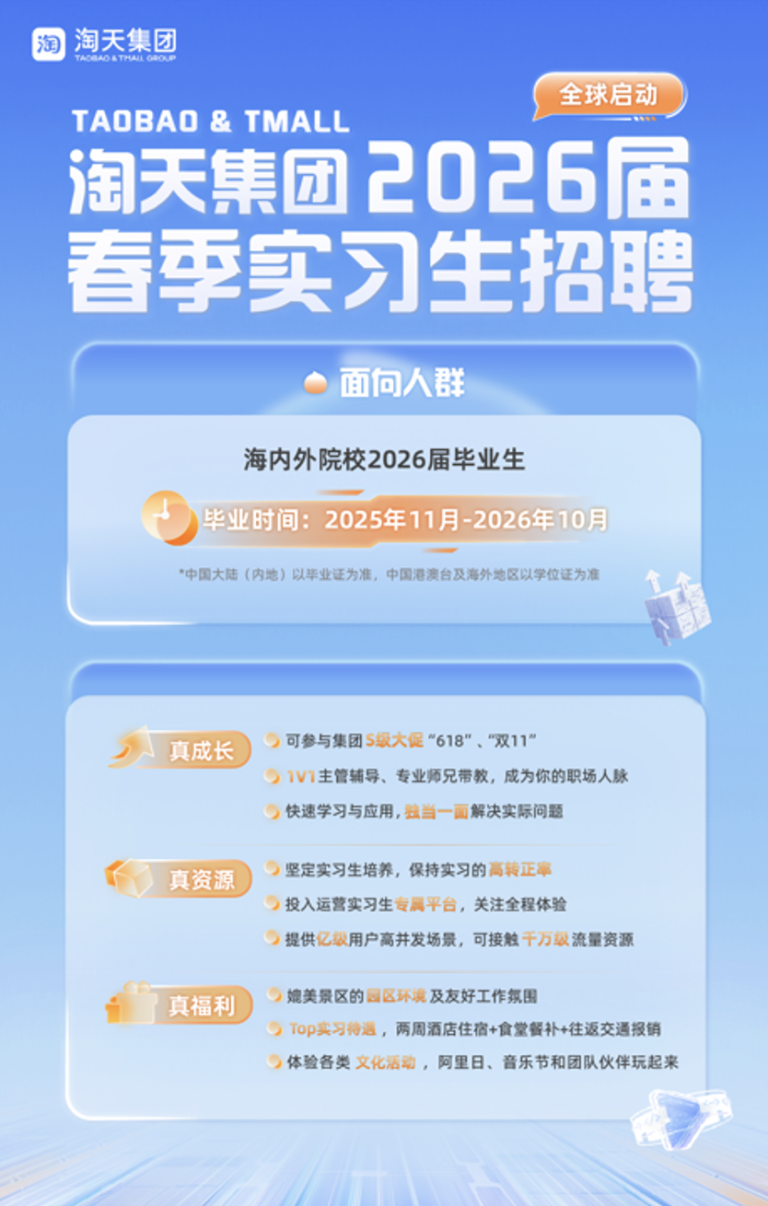 淘天集团启动2026届实习生招聘 预计发放1000多个offer