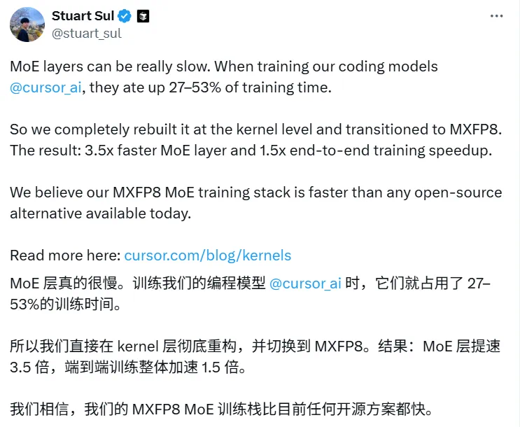 Cursor为Blackwell从零构建MXFP8内核，MoE层提速3.5倍，端到端训练提速1.5倍